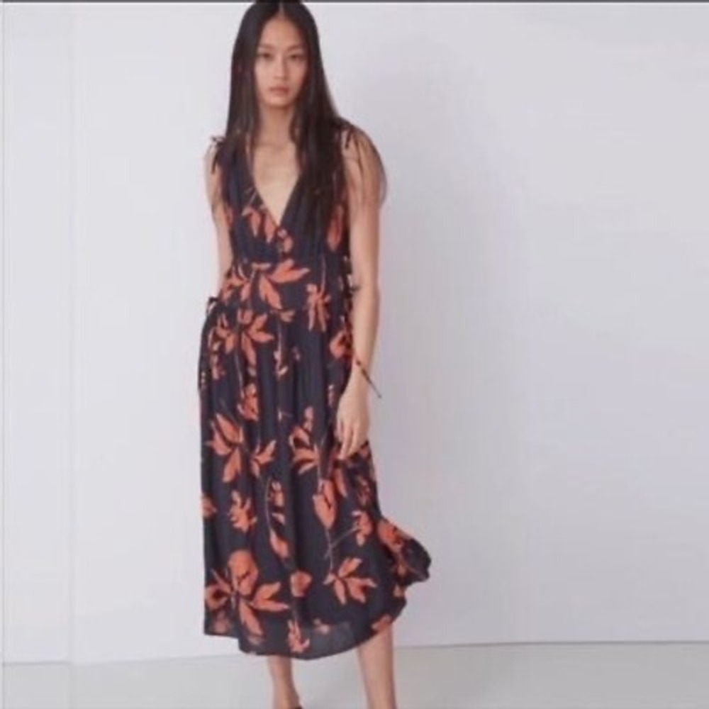 Thakoon NEW Floral Deep V- Neck Maxi Dress Black/Orange Size 4‎ MSRP $359